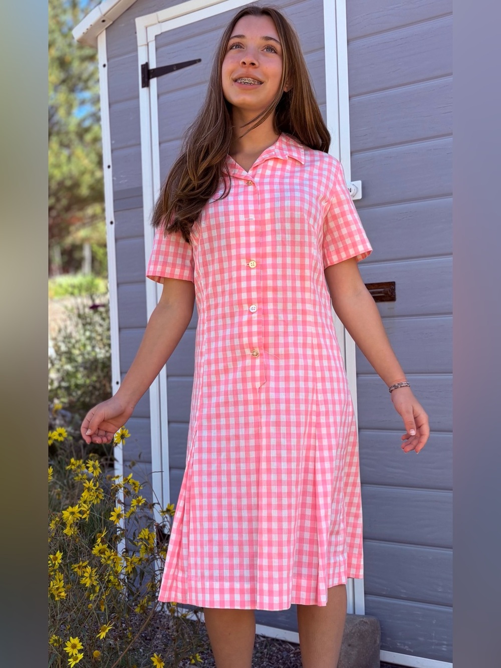 Vintage Pink Gingham Button-Front Women’s Dress
